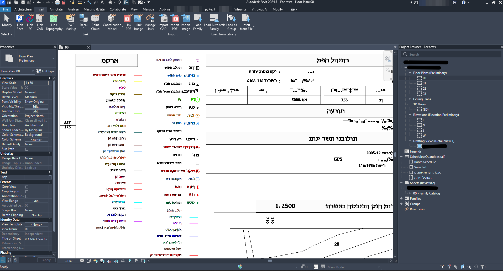 חלון Revit עם לינק DWG שהכיתובים בו מוצגים הפוכים ובתווים לא קריאים.